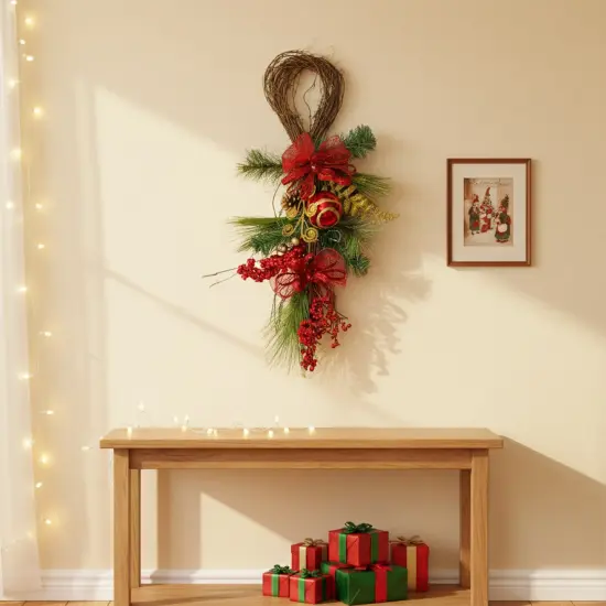 Northlight Bows, Berries and Ornaments Mixed Pine Artificial Christmas Teardrop Swag - 26" - Unlit Red {5}