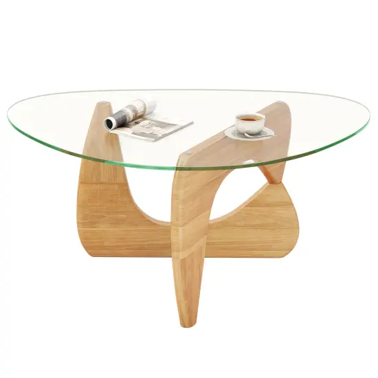 Natural Glass Coffee Table with Adjustable Wood Base, Modern Triangle {5}