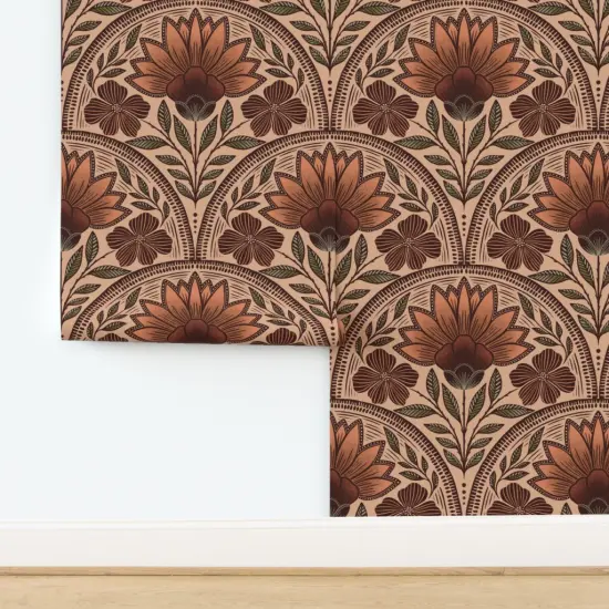 Pre-Pasted Wallpaper 2FT Wide Earth Tone Floral Art Deco Beige Rust Nouveau Rustic Damask Bohemian Botanical Terracotta Custom Pre-pasted Wallpaper by Spoonflower {2}