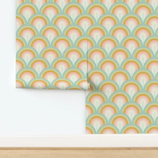 Pre-Pasted Wallpaper 2FT Wide Boho Rainbow Scallop Minimalist Modern Geometric Art Deco Warm Pastel Soft Gold Blush Pink Aqua Mint Custom Pre-pasted Wallpaper by Spoonflower {2}