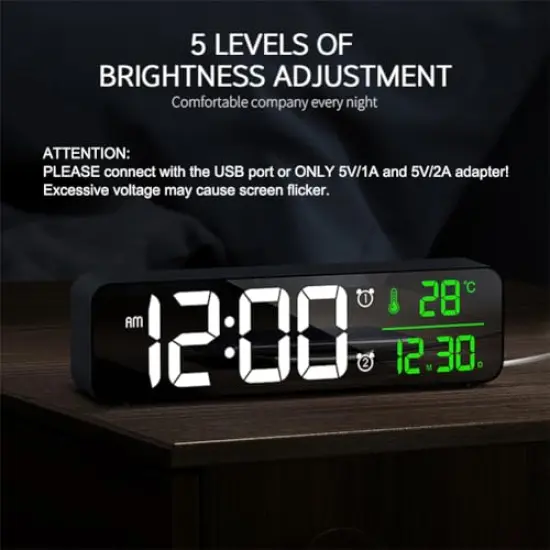 Large Display Alarm Clock for Living Room Office Bedroom Decor LED Electronic Date Temp Display Wall Electric Clocks Automatic Brightness Dimmer Smart Cool Modern Desk Accessories Black {6}