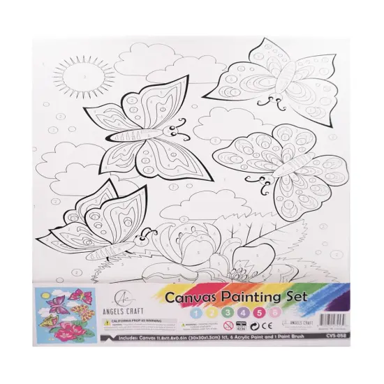 Angels Craft Paint by Number Canvas Set - Blooming Butterflies | Includes: 1 Pre-printed Canvas, 6 Acrylic Paint pots, 1 Artist Brush {1}
