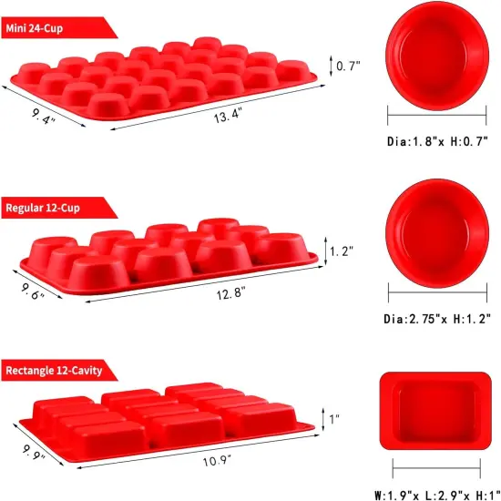 Silicone Muffin Pan - Silicone Molds Including Mini 24 Cups, Regular 12 Cups Muffin Pan and 12 Cavities Mini Loaf Pan 3-in-1 Set for Egg Muffin, Cupcakes, Brownies, Fat Bombs {4}