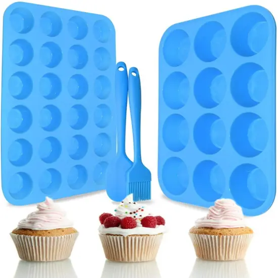 Silicone Muffin Pan Cupcake Set &ndash; Non-Stick 12 Cups and Mini 24 Cups,Silicone Baking Molds,BPA Free Muffin Tin with 1 Silicone Spatula & 1 Oil Brush (blue) {5}