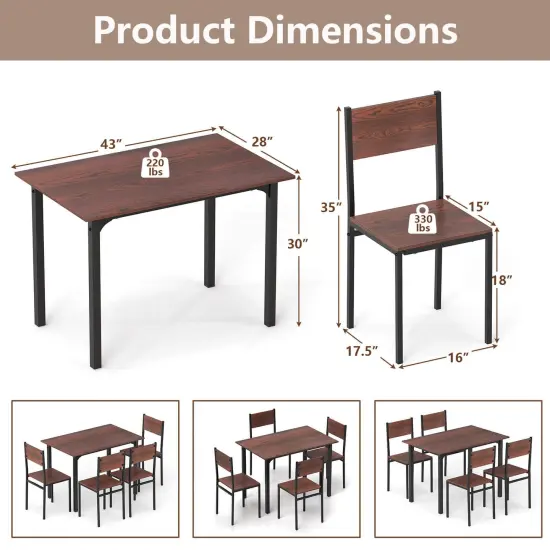 Costway 5 PCS Dining Table Set Industrial Style Kitchen Table & Chairs for 4 Gray/Brown/Dark Brown {3}