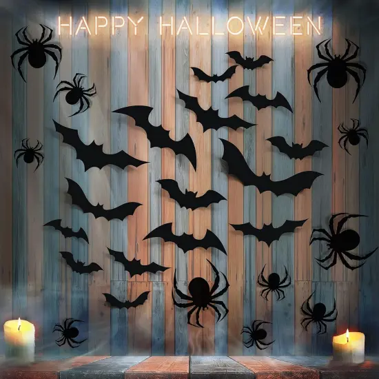 68pcs Halloween Bats & Spiders Wall Decor &ndash; 3D Black Plastic Stickers for Indoor/Outdoor Party Decorations {2}