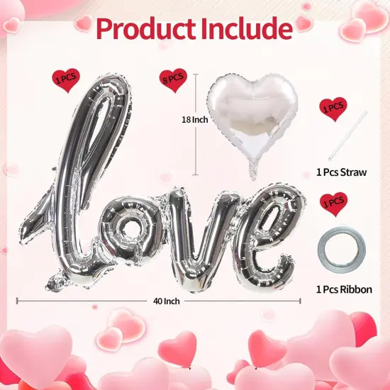 42 Inch Silver LOVE Foil Balloons and 18 Inch Silver Heart Foil Balloons for Valentines Party Wedding Decorations {3}