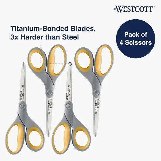 Soft Handle Titanium Bonded Scissors For Office & Home, Gray/Yellow, 4 Pack {2}
