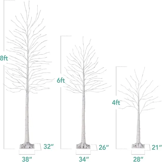 4ft, 6ft & 8ft Lighted Birch Tree Set, 3 Pack LED Trees with Remote, Color Options & Outdoor White {2}