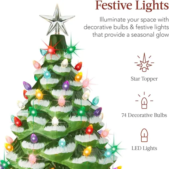 Ceramic Christmas Tree, Hand Painted Green Tabletop Tree with 74 Multicolor LED Bulbs & Star Topper White {11}