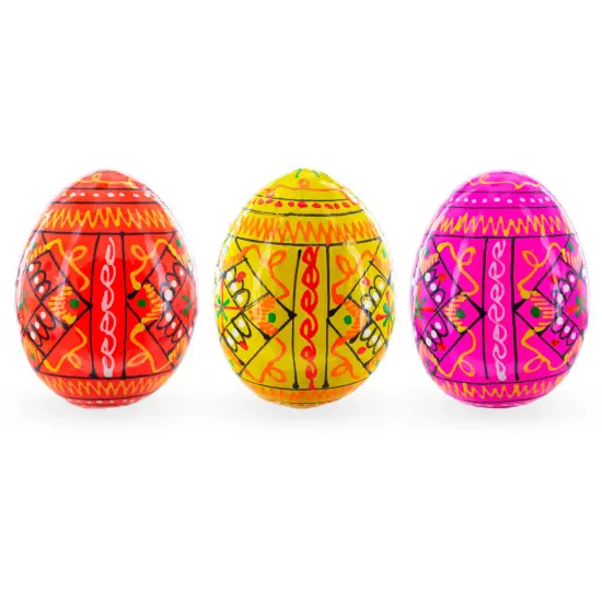Set of 3 Yellow, Pink, Orange Geometric Ukrainian Pysanky Wooden Easter Eggs 2.5 Inches {4}