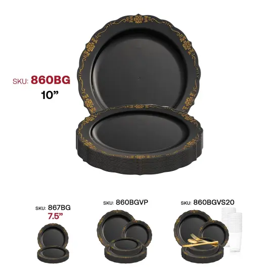 Black with Gold Vintage Rim Round Disposable Plastic Dinner Plates - 10" (120 Plates) {6}