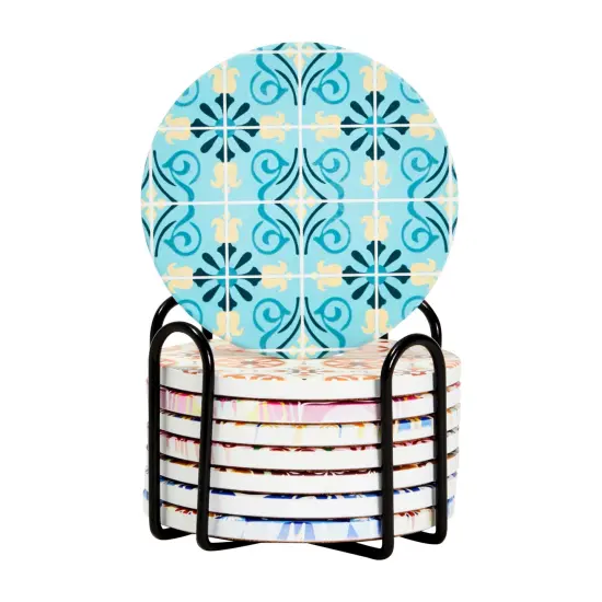 Set of 8 Ceramic Coasters for Drinks with Cork Base and Iron Holder, Mediterranean Tile Designs (4 Inches) Multicolor {5}