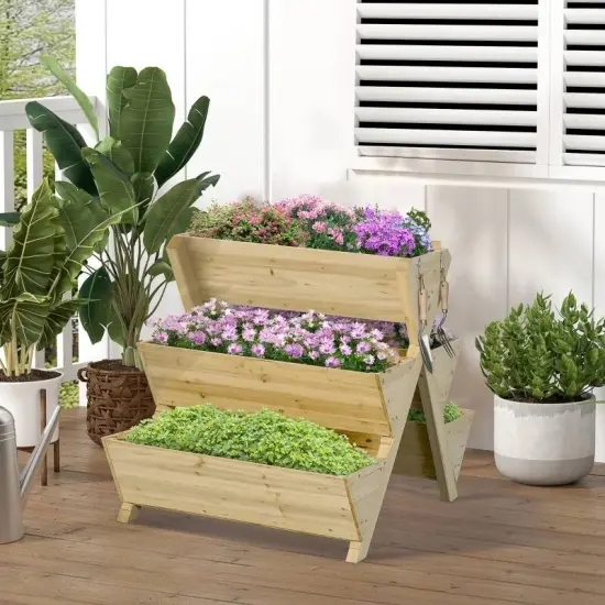 Light Brown Fir Wood 3-Tier A-Frame Planter Box with Side Hooks {2}