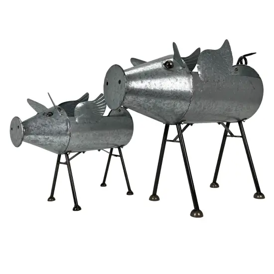 Set of 2 Flying Pig Planters - Distressed Galvanized Gray Metal - Rustic Farmhouse Garden Decor - Whimsical Planters for Indoor or Outdoor Use - Decorative and Functional Sculptures {4}
