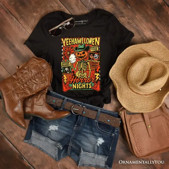 Yee Haw Halloween Retro Pumpkin Skeleton T-Shirt, Spooky Country Western Tee for Fall {7}