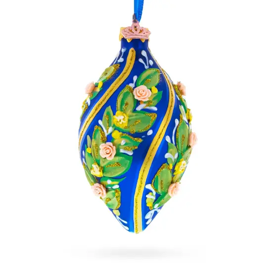 Swirl Roses on Blue Pointed Teardrop Finial Glass Christmas Ornament {1}