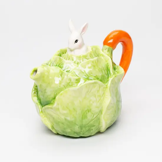 Ceramic Easter Bunny Rabbit on Cabbage Teapot, Spring Decor, Tea Lover Gift, Gift for Her, Gift for Mom {2}