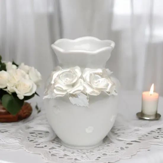 Ceramic White Vase with Rose Flowers, Wedding Decor, Gift for Her, Gift for Mom, Home Decor {1}