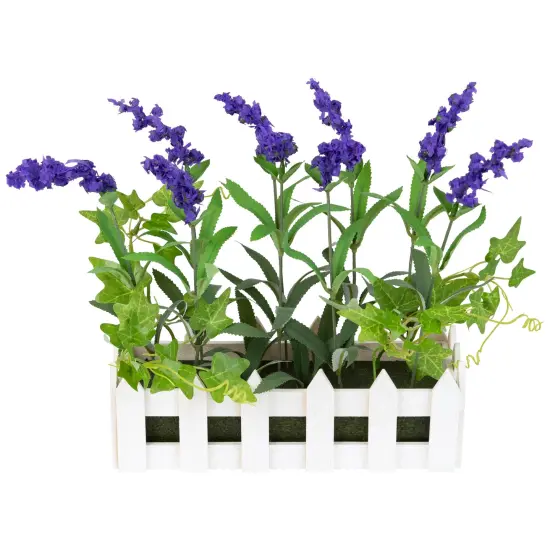 Northlight Artificial Flowering Lavender Plant in White Picket Fence Container - 11.75" - Purple Green {6}