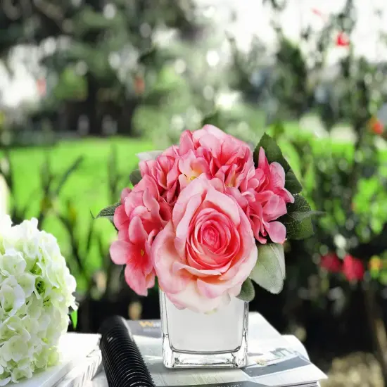 Artificial Flowers in Vase Fake Silk Hydrangea Rose Flower Arrangement Faux Potted Flowers for Indoor Home Bathroom Office Table Shelf Decor, Pink {4}