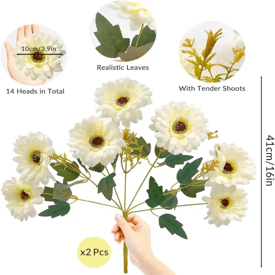 14 Summer Heads Artificial Gerbera Daisies For Tabletop Decor, 2 Bouquets Silk Daisy Flowers Artificial with Leaves & Seedling Shoots, Artificial Wild Flowers for Wedding, Party, Home Indoor Outdoor Decor {2}