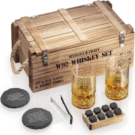 Whiskey Stones Gift Set, Whiskey Glass and Stones Set with Wooden Army Crate, 8 Granite Whiskey Rocks Chilling Stones and 10oz Whiskey Glasses, Whiskey Gift for Men, Dad, Husband {1}