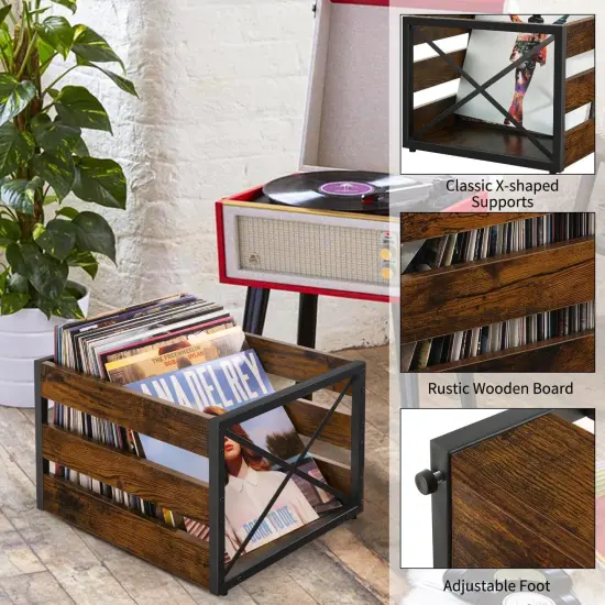 Vinyl Record Storage, Large LP Vinyl Record Storage Crate, Metal & Wooden Vinyl Record Album Holder, Cube Record Organizer Box, Holds up to 80+ Records {3}