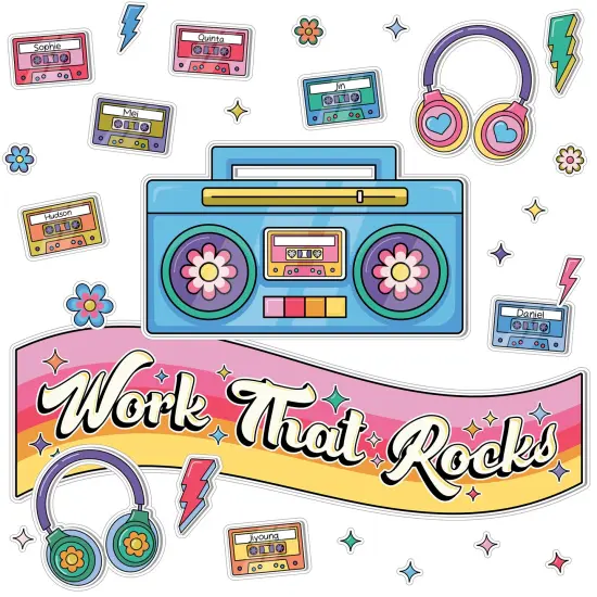 Happily Ever Elementary Retro Remix 79-Piece Work That Rocks Motivational Bulletin Board Set, Boombox, Cassette Tapes, Headphone, Flowers and More Groovy Bulletin Board Decorations for Classroom Decor {1}