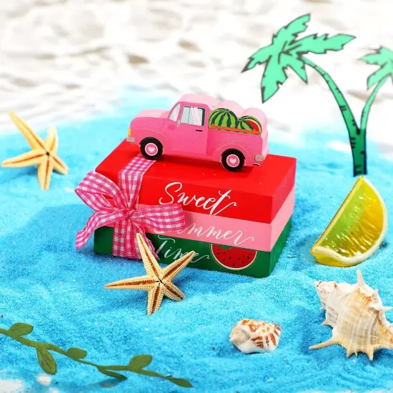 4 Pieces Summer Tiered Tray Decor Summer Kitchen Wood Table Decorations Mini Faux Books Stack for Home Party Table Shelf Farmhouse Accessories(Watermelon) {3}