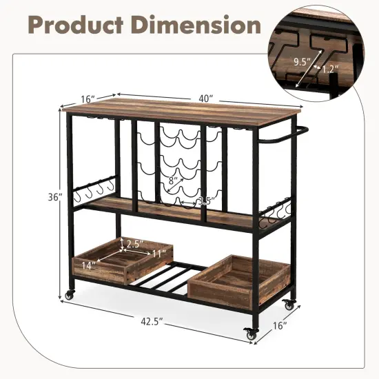 3 Tiers Bar Cart on Wheels with Glass Racks Brown {5}