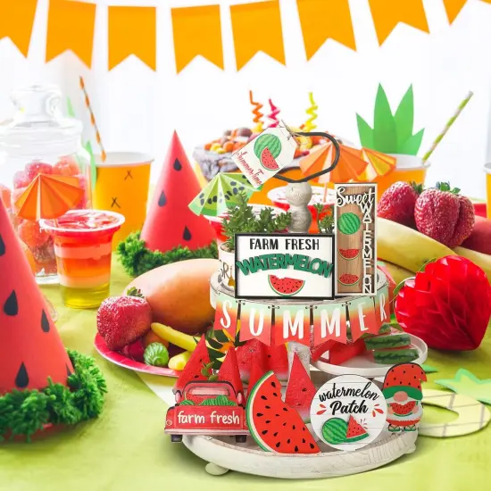 13 Pcs Summer Watermelon Tiered Tray Decor Set Summer Kitchen Decor Rustic Farmhouse Tier Tray Decor Items Watermelon Gnome Wooden Signs for Watermelon Party Decor Summer Home Decoration {3}