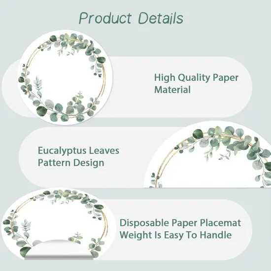 Paper Placemats Disposable 100 Pack Green Eucalyptus Leaves Wedding Disposable Placemats 13.7 Inch Spring Wedding Round Table Mats for Birthday Wedding Baby Shower Party Dining Decoration {3}