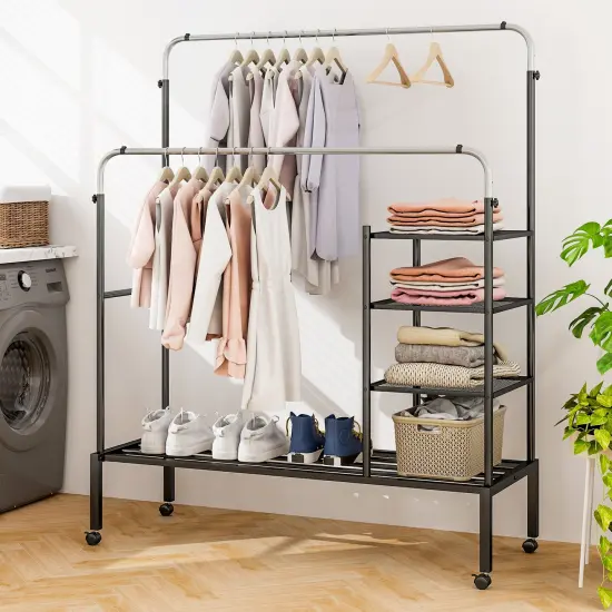Adjustable Double Rod Clothes Drying Rack with 3-Tier Mesh Shelf Heavy Duty Steel Frame Silver {2}