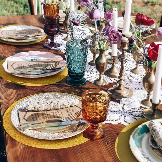 50 Pieces Gold Glitter Paper Place Mats Sparkle Round Disposable Table Mats Golden Sequin Doilies Decorative Placemats for Wedding Banquet Party Home Dining Tableware {2}