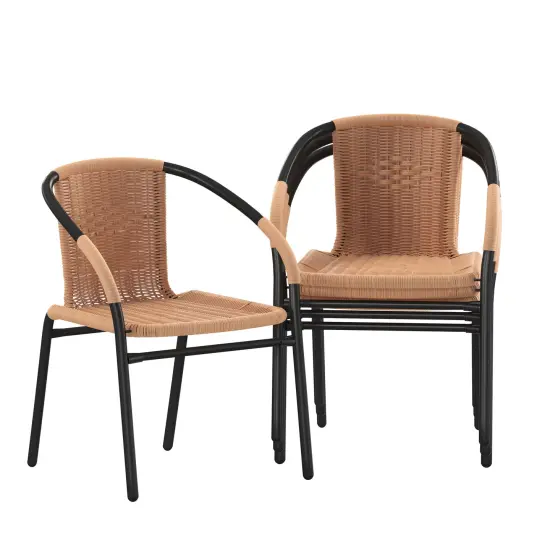 Emma and Oliver 4 Pack Rattan Indoor-Outdoor Restaurant Stack Chair with Curved Back Beige {2}