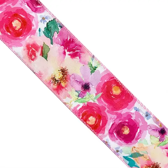 Designer's Shop WR 63-5199 Spring Summer Pink-Red Wild Rose floral and green leaf on white satin wired edge ribbons, 2.5" x 10 yards {4}