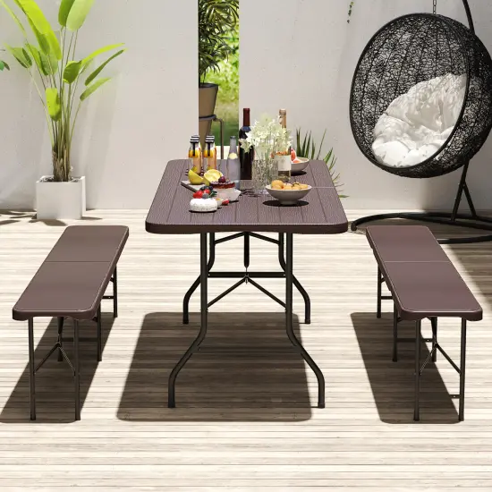 6 Feet Wood Grain HDPE Folding Table with Safety Lock and Metal Legs Perfect for Outdoor Use Brown {2}