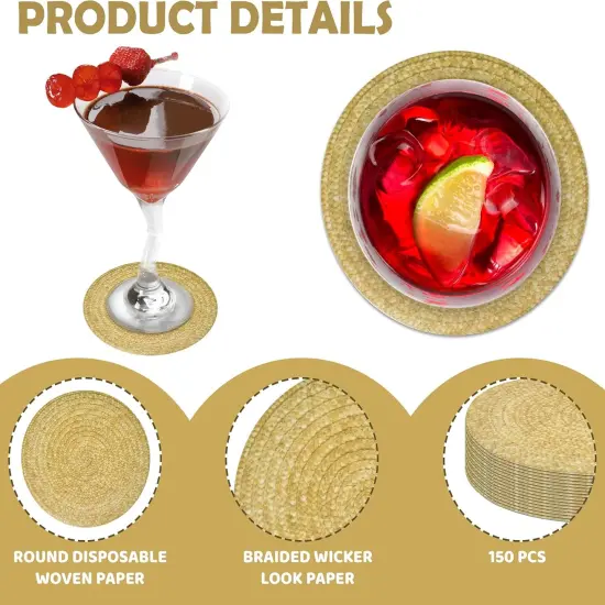 150 Pcs Braided Wicker Look Paper Beverage Coasters, 4" Round, Rustic Woven Cocktail Coaster {2}