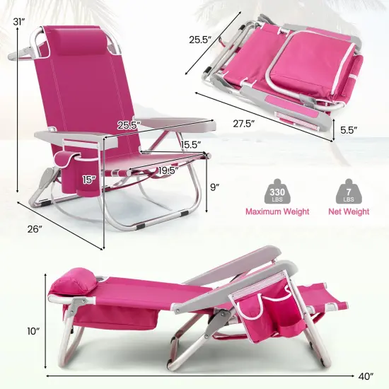 Aluminum Reclining Beach Chairs with Storage Set of 2 Pink {4}