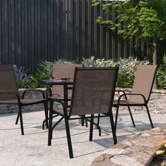 Merrick Lane Set of 4 Manado Series Metal Stacking Patio Chairs with Flex Comfort Material Brown {1}
