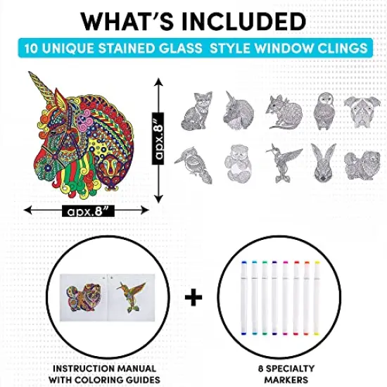 10 Sun catchers Stained Glass Mandala Art Kit - Animal DIY Window Clings with Markers, Perfect Hobby for Adults, Kids, Teens & Seniors - Ideal Gift for Beginners, Women & Elderly {1}