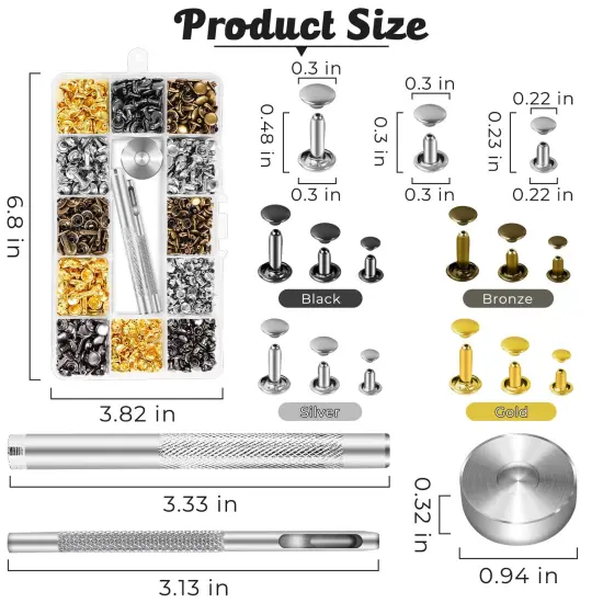 420 Set Leather Rivets Kit, Double Cap Brass Rivets Leather Studs with 3PCS Setting Tools for Leather Repair and Crafts, 4 Colors and 3 Sizes {1}