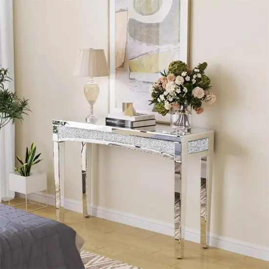 Heavy Duty Mirrored Console Table Diamond Vanity Dresser Desk Silver Glass Shelf {1}