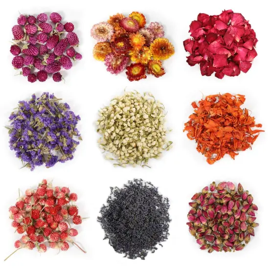 9 Bags Dried Flowers,100% Natural Dried Flowers Herbs Kit for Soap Making, DIY Candle Making,Bath - Include Rose Petals,Lavender,Don't Forget Me,Lilium,Jasmine,Rosebudsand More {1}