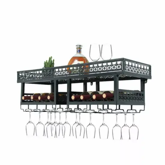 2 Tier Wall Mount Metal Wine Rack Storage Shelf Hanging Glass Holder Bar Home {1}