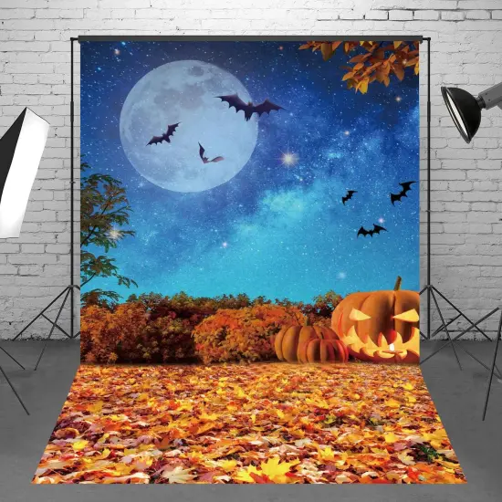 5x7ft Polyester Halloween Backdrop Moonlight Pumpkin Fallen Leaves Photography Background for Birthday Baby Shower Trick or Treat Party Decoration Banner Photo Studio Props {2}