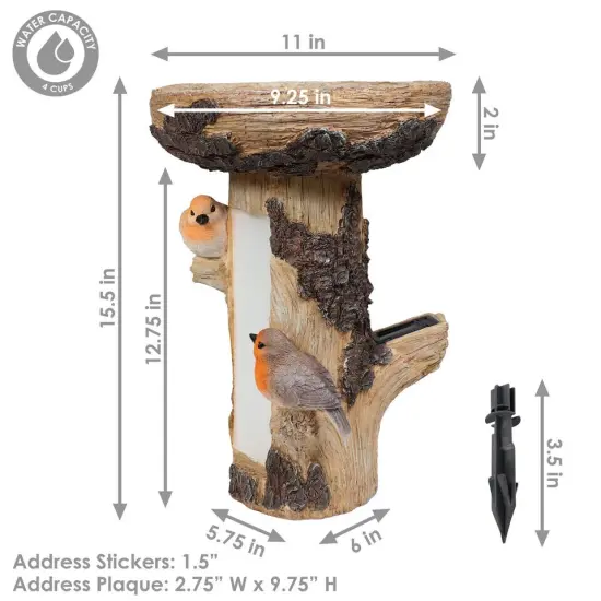 Staked Country Tree Stump Bird Bath with Solar Address Plate {2}