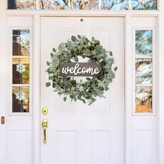 20-inch Green Eucalyptus Wreath with "Welcome" Sign &ndash; Front Door Decor {3}