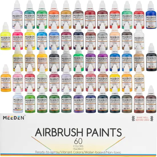 MEEDEN Acrylic Airbrush Paint for Model: 60 Colors x 30ml/1oz Air Brush Spray Paint Set Including Fluorescent and Metallic Colors {1}